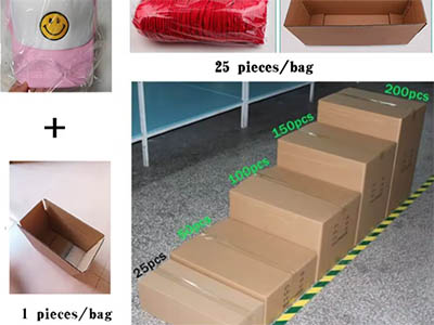 Different packaging options for products, showing bag sizes and cardboard box quantities for shipping.