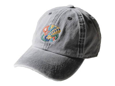 Gray baseball cap with colorful embroidered design on front.
