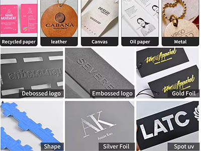Different materials and printing techniques used for product tags, including embossed, debossed, and foil logos.