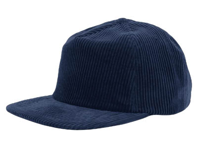 A navy blue corduroy snapback cap with a flat brim, showcasing a textured and ridged fabric design.