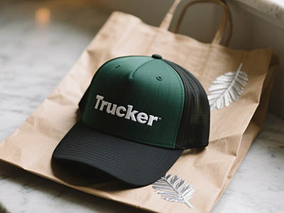Green and black trucker hat with white “Trucker” embroidery on paper bag.