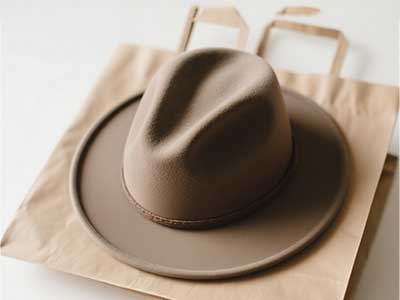 Brown felt hat resting on a paper bag with handles.