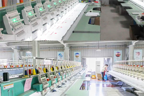Long rows of embroidery machines in a bright textile factory.