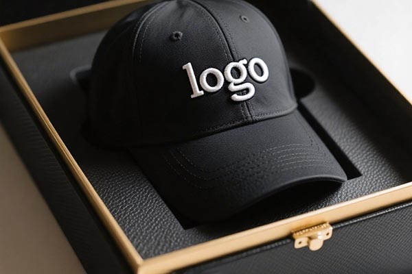 Black baseball cap with white "logo" text in luxury box.