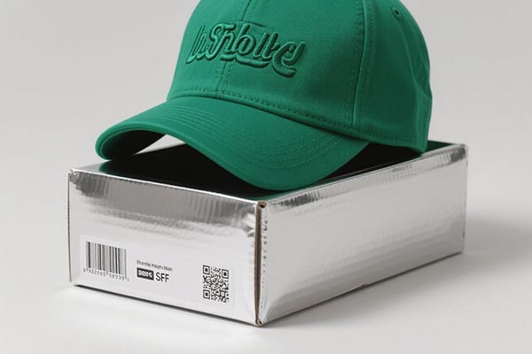 Green baseball cap resting on silver retail box with barcode.