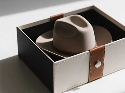 Beige cowboy hat inside stylish leather storage box with snap closure.