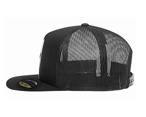 Side view of a black trucker hat with mesh back and flat brim.