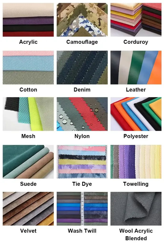 Various fabric swatches including acrylic, denim, leather, nylon, polyester, suede, velvet, and wool blends