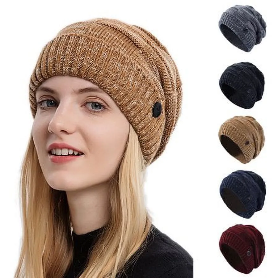 Woman wearing warm knitted beanie with button and mask holder.