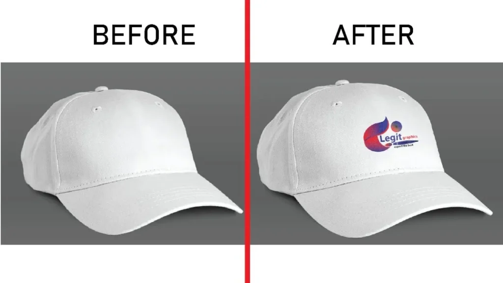 White hat without and with colorful logo side by side comparison.