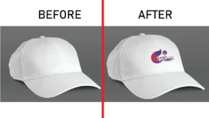 White hat without and with colorful logo side by side comparison.