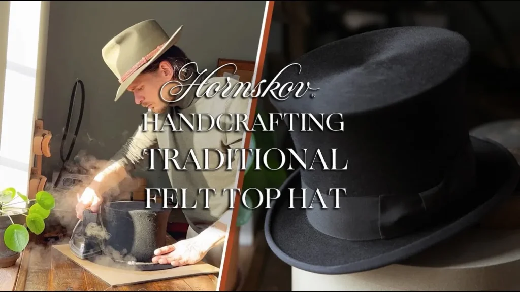Man shaping a felt top hat by hand with steam and iron in workshop.