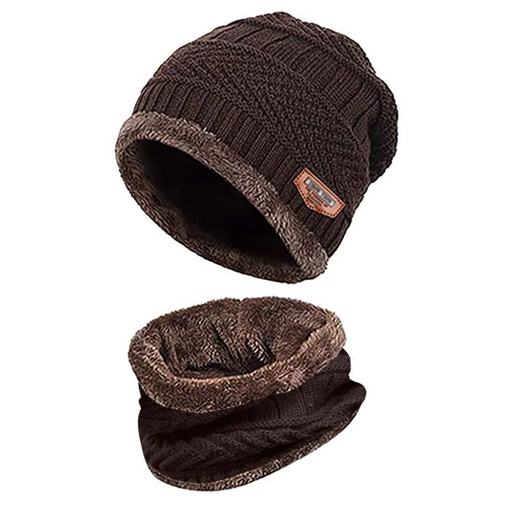 Brown knitted winter hat and matching fleece neck warmer set.