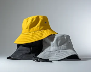 Yellow, gray, and black bucket hats stacked on white background.