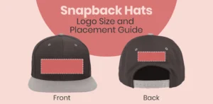 Front and back snapback hats with logo placement zones highlighted.