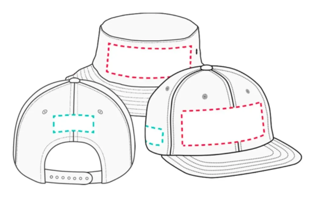 Diagram showing embroidery areas on bucket hat and baseball caps.