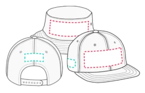 Diagram showing embroidery areas on bucket hat and baseball caps.