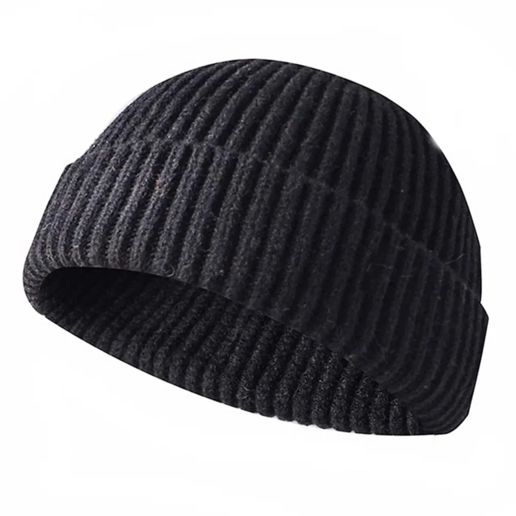 Black knitted winter beanie with roll-up edge for men and women.