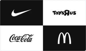 Logos of Nike, Toys "R" Us, Coca-Cola, and McDonald's displayed in black and white blocks.