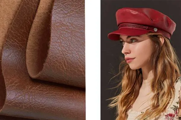 Brown leather fabric close-up and woman wearing red leather hat