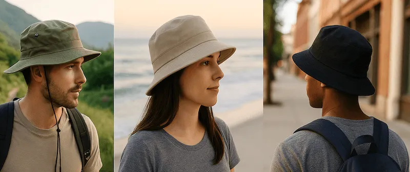 Three people outdoors wearing bucket hats in green, beige, and black colors.