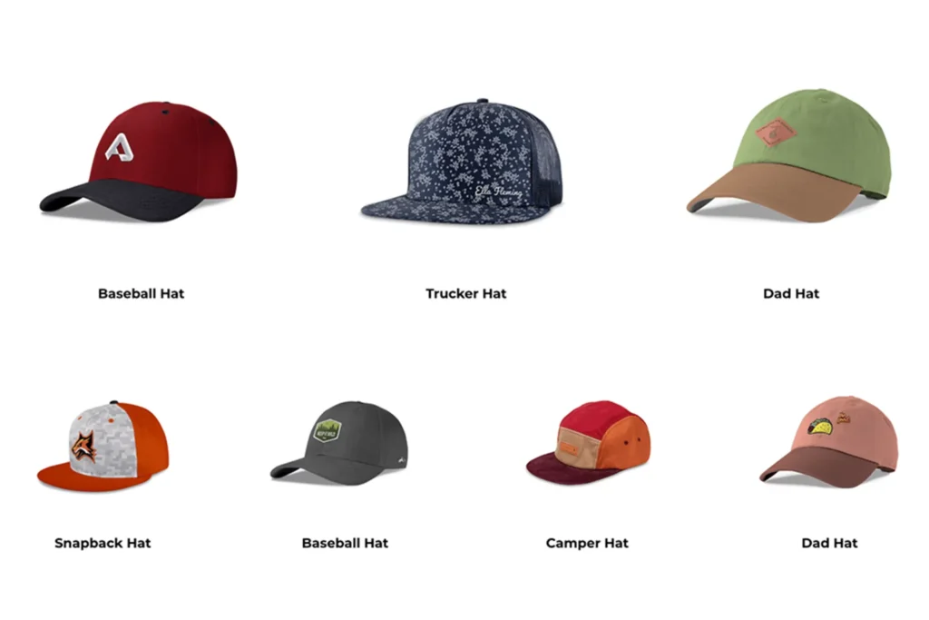 Various styles of custom hats including baseball, trucker, and dad hats.