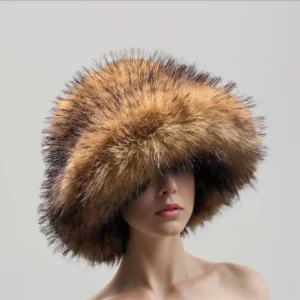 Woman wearing oversized fluffy brown fur hat covering eyes.