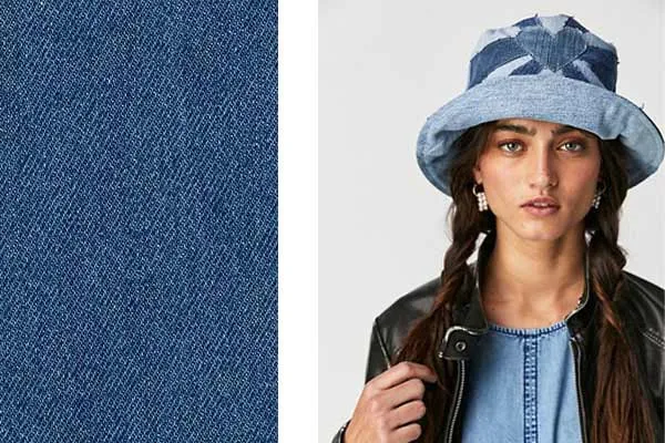 Denim fabric close-up and woman wearing patchwork denim bucket hat