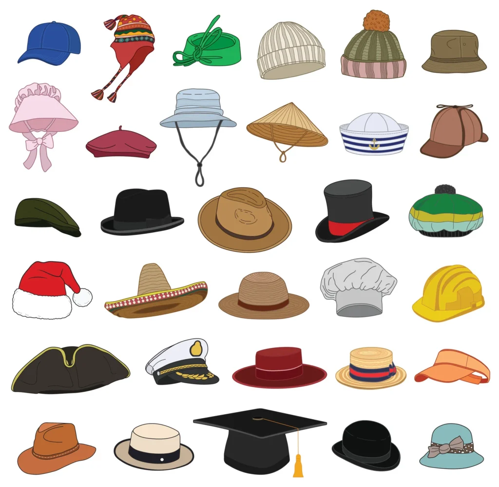 Illustrated collection of different styles of hats on white background.