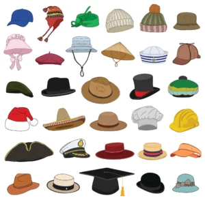 Illustrated collection of different styles of hats on white background.