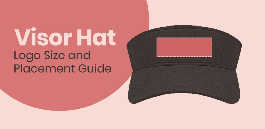 Black visor hat with marked logo placement area and sizing guide.