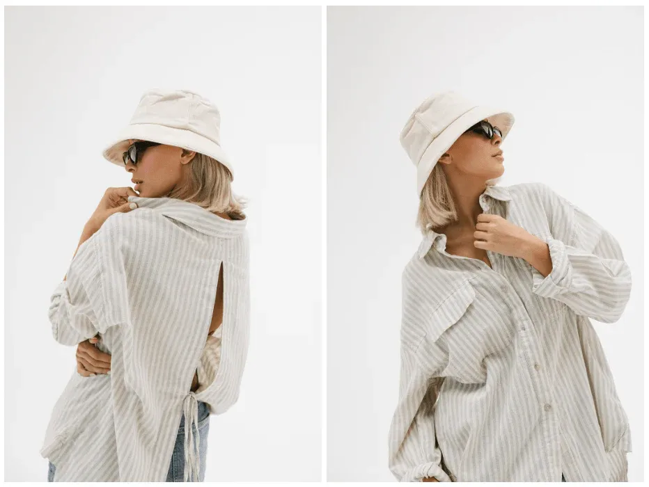 Woman modeling beige bucket hat with striped shirt in two side poses.