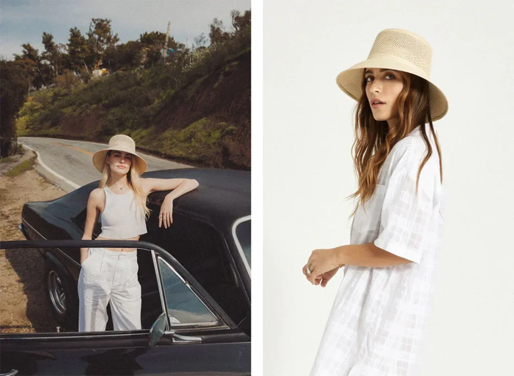 Two women wearing beige straw hats in outdoor and studio settings.