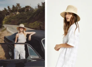 Two women wearing beige straw hats in outdoor and studio settings.