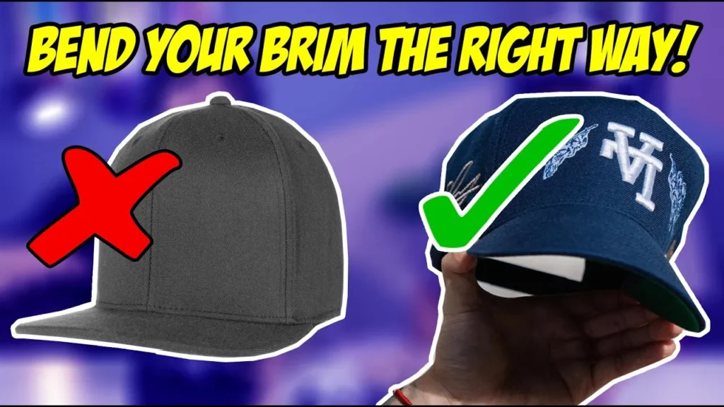 Flat brim cap with red X, curved brim cap with green check mark