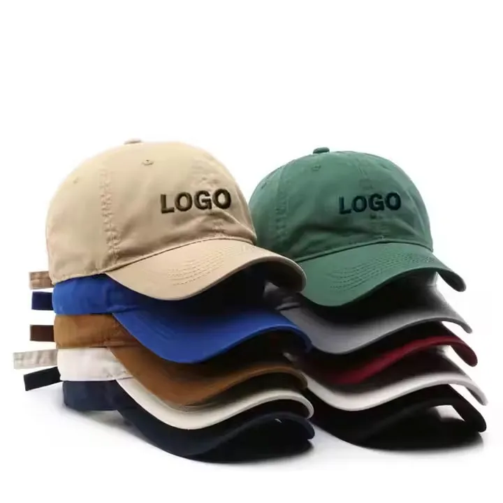 Stack of classic baseball caps in various colors with “LOGO” embroidered on front