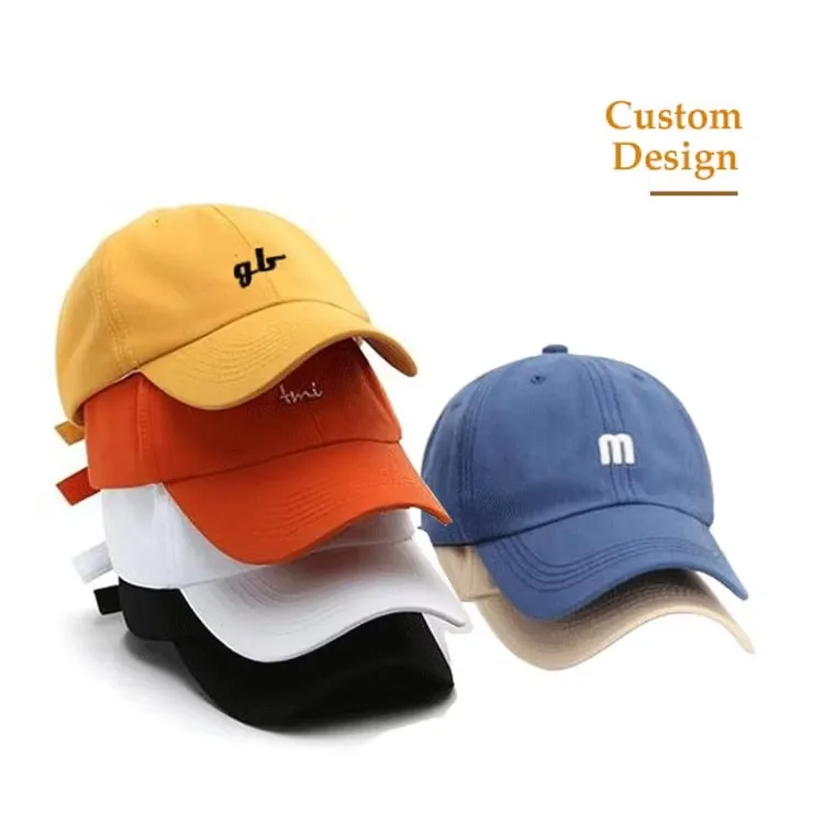 Stacked colorful baseball caps with custom embroidered logos and text
