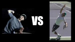 Split image showing baseball pitcher and tennis player in action with VS text
