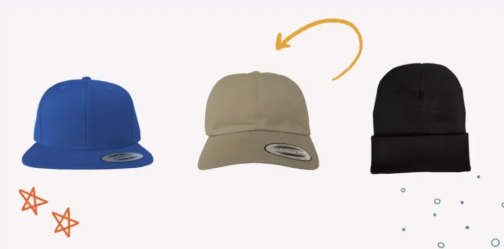 Blue snapback, beige baseball cap, and black beanie displayed side by side