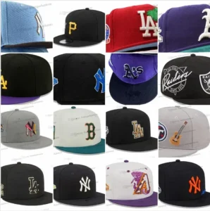 Collection of snapback hats with various embroidered sports team logos