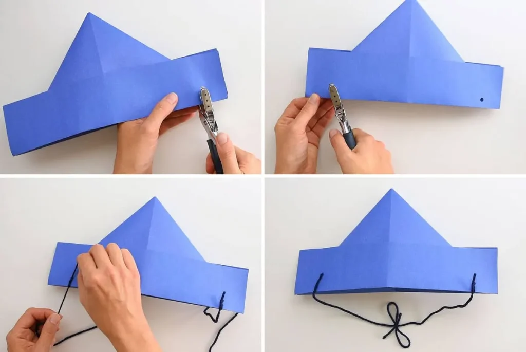 Step-by-step images showing hole punching and string tying on a blue paper hat craft