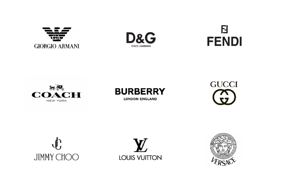Logos of Giorgio Armani, Dolce & Gabbana, Fendi, Coach, Burberry, Gucci, Jimmy Choo, Louis Vuitton, and Versace.