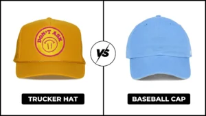 Yellow trucker hat with mesh back vs blue baseball cap with solid fabric front.